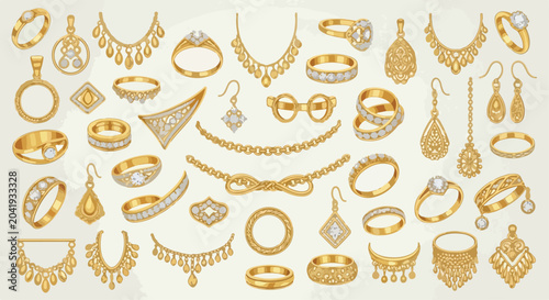 Photos Luxury gold jewelry collection with diamond rings and necklaces, elegant golden