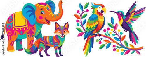 Canvastavla Vibrant bohemian wildlife vector sticker set featuring a patterned indian elepha