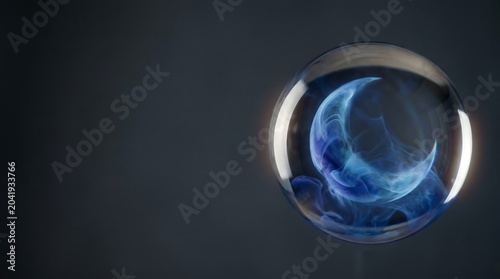 Translucent glass sphere containing swirling blue liquid forming a crescent moon phase for abstract astrology and space science concept