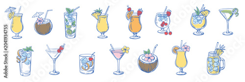 A large collection of fifteen tropical summer cocktails and alcoholic drinks, presented as hand-drawn vector illustrations isolated on a white background. The set features casual line art
