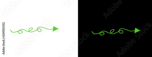 Decorative Wavy Curly Glowing Green Arrow Pointing Right on Black Background