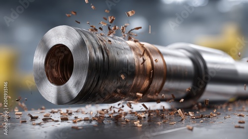 Intricate metal cutting process with flying shavings in precision engineering workshop