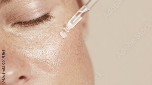 Close-up of woman applying serum on smooth skin for skincare routine