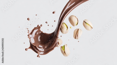 Elegant splash of milk chocolate with floating pistachios on white background