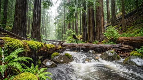 Tranquil Forest Scene: Serene River Flowing Through a Majestic Redwood Grove, Nature's Beauty