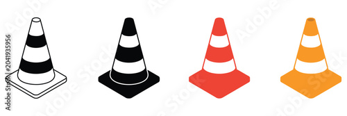 Obraz na plátně Traffic cone icon set showcasing road divider cones and barrier symbols for traffic control, roadworks, and safety alert interfaces
