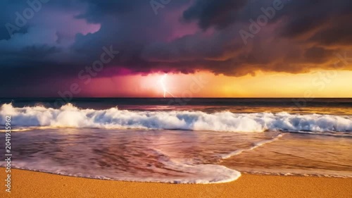 Dramatic Beach Scene with Lightning Striking Over the Ocean, Stormy Weather and Golden Hour Light