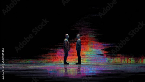 Two figures facing each other amidst vibrant digital glitch art
