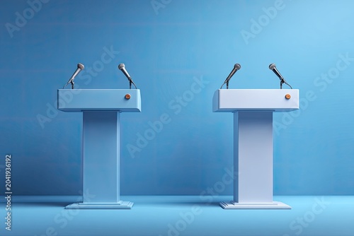 Two debate podiums stand ready for speakers against a blue backdrop
