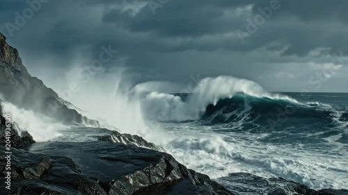 Dramatic ocean waves crashing against rocky shoreline under a stormy sky creating a powerful coastal scene