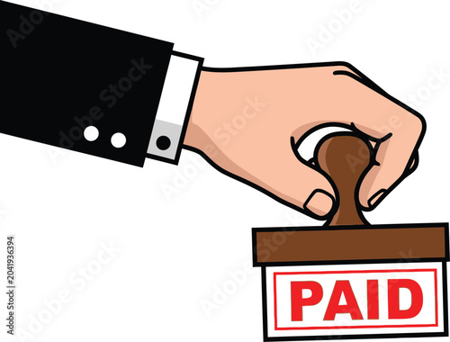 Cartoon hand in suit sleeve stamping paid stamp on document