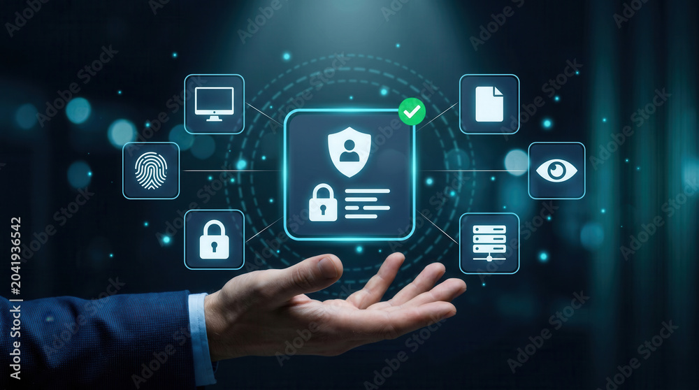 Fototapeta premium Digital security concepts show a hand reaching out with data protection symbols in a dark background with glowing elements interacting in real time