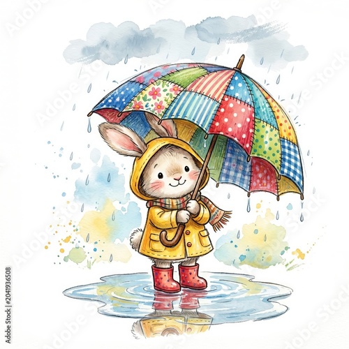 A cute bunny rabbit dressed in a yellow raincoat and red boots, holding a colorful patchwork umbrella, stands in a puddle, enjoying a rainy day.
