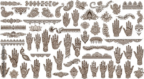 Cuadro en lienzo Henna tattoo vector set, traditional mehndi hand designs and floral paisley patt