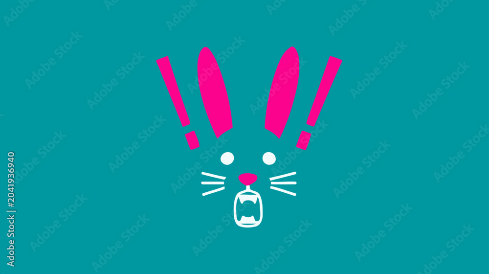 Fototapeta premium Energetic cartoon bunny rabbit face with vibrant pink ears, sharp fangs, and exclamation marks on a bright teal background, vector art.