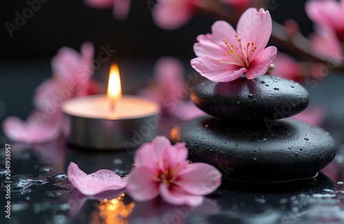 Spa stones and pink cherry blossoms rest on wet dark surface with lit candle nearby. Calm zen relaxation peaceful atmosphere, wellness background.