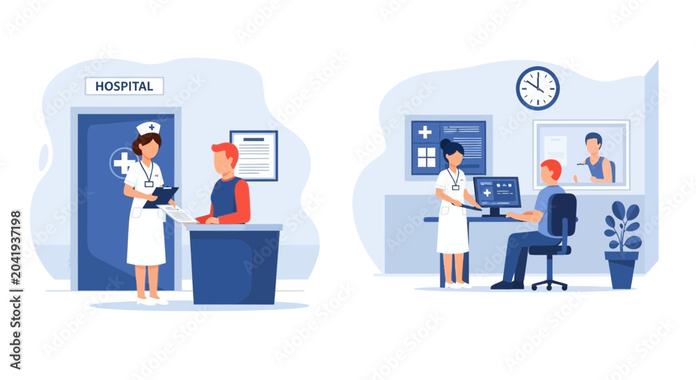 Naklejka premium Nurses assist patients at hospital reception and computer desk