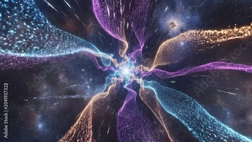 Abstract futuristic space travel through a colorful particle tunnel with bright light and stars
