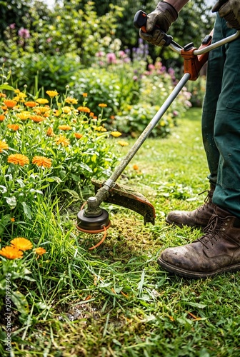Gardener trimming grass with string trimmer near colorful garden flowers