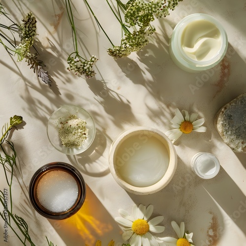 Natural skincare products arranged on a light surface