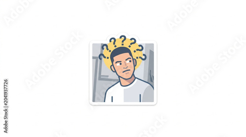 Fotografia Man with Question Marks Above Head Thinking Hard.