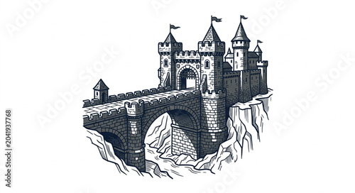 Obraz na płótnie Medieval Castle Fortress on a Rocky Outcrop with Bridge.