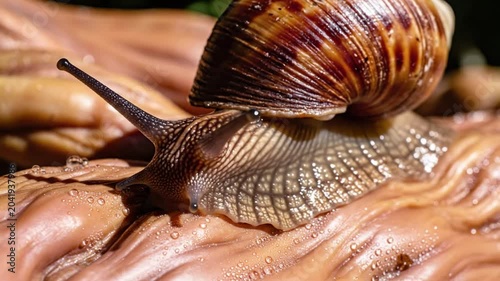 Close up view of a snail exploring a wet, textured surface, showcasing its detailed features and natural environment