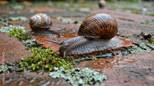 Close-up of two brown snails slowly crawling on wet bricks with lush green moss and natural surroundings.
