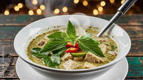 Delicious steaming Thai green curry soup with fresh basil and red chili, ready to eat in a white bowl