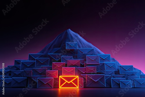 Glowing envelope atop a mountain of mail under purple and pink sky