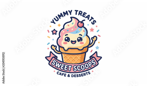 Cute ice cream mascot logo vector graphic for cafe branding and dessert shop identity with smiling character illustration on white background