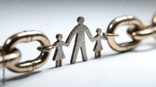 A conceptual image of a family unit represented by figurines, linked together by a strong chain. The father figure stands in the center, holding hands with a child on either side.