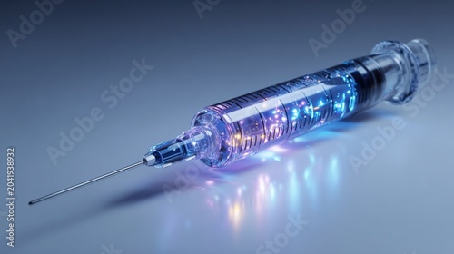 A syringe filled with glowing circuits and digital technology, symbolizing innovation in medicine and science