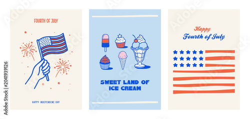 Hand drawn vintage posters, cards, fliers and banners for 250th anniversary of the United States. 4th of July vector illustration with American flag, ribbon bows and cherries