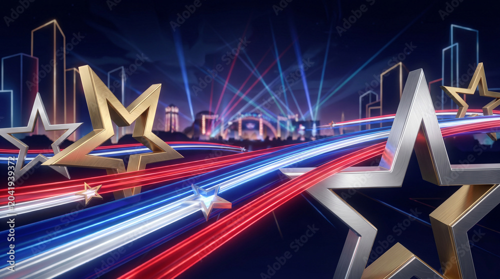 Fototapeta premium Glowing star symbols, cityscape background, light trails, patriotic colors, night scene
