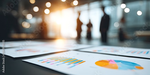 Business meeting with charts and graphs on table, silhouetted people in background