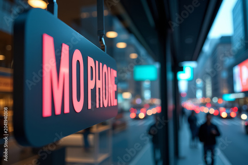 Mobile phone store sign. Technology retail branding. Smartphone shop logo. Digital device signage. Urban tech concept
