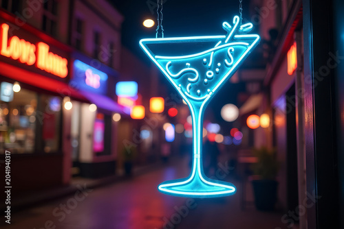 Martini bar neon sign. Cocktail lounge branding. Nightlife drink logo. Alcohol bar signage. Urban party concept