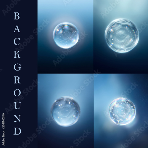 Four soap bubbles on black and blue background