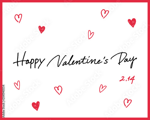 手書きの「Happy Valentine's Day」カリグラフィ文字素材。白背景にハートを散らした黒と赤のおしゃれな英語ロゴデザイン