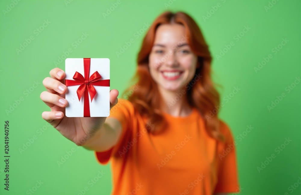 Fototapeta premium Smiling young woman holds gift card with red bow in hand. Female customer shows present voucher for shopping or sale. Woman happy about surprise gift, good offer, discount.