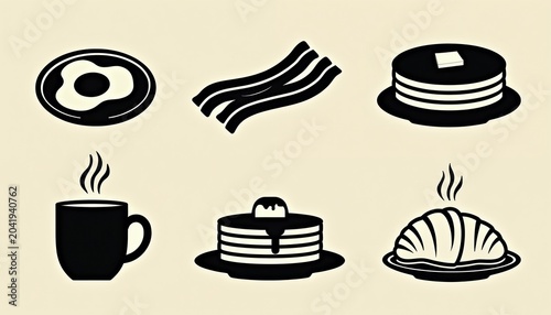 Icons of breakfast foods. Fried egg, bacon strips, pancakes, coffee cup, syrup pancakes, and croissant. Simple graphic art for food menus or culinary themes. Morning meal icons.