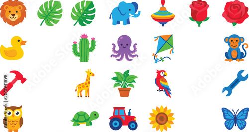 Photography Vibrant flat design elements set with wild animals tropical leaves beautiful flo