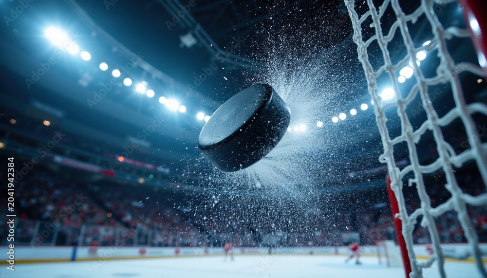 Naklejka premium Hockey puck flies into net splash ice chips. Goal scored in stadium filled with cheering fans. Fast action sports game in arena under bright lights.