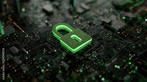 Glowing green padlock hovers over a circuit board with intricate pathways