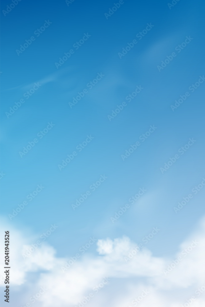 Obraz premium Sky Blue Background and Cloud.Summer Clear Sky by Beach.Spring Landscape and white dramatic cloudy and sun.Vector cartoon beautiful scenery before sunset banner.Horizon cloud field, bright sunny da