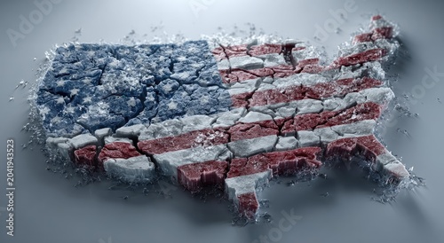 United States map fractured like ice, revealing flag patterns, on a neutral background