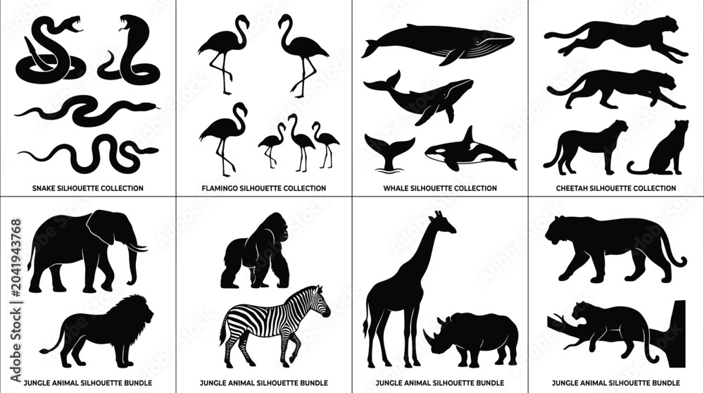 Fototapeta premium WebWildlife Animal Silhouette Bundle Featuring Snakes Flamingos Whales Cheetahs and Safari Vector Collection