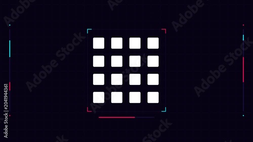 Abstract motion of white geometric squares on a dark tech grid