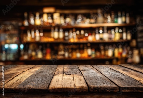 A rustic wooden table in the foreground with a blurred bar and shelves of bottles in background